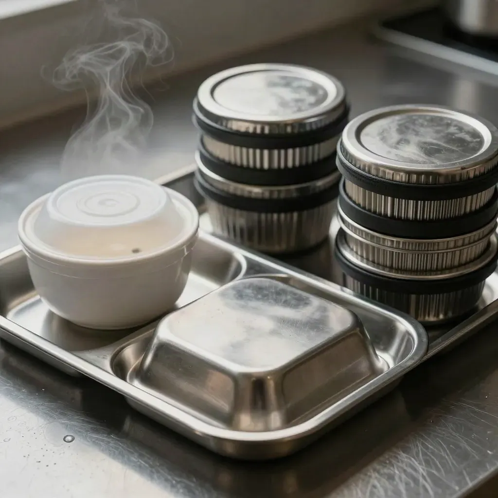 Top-down macro of a care-home meal tray with soup cup and stacked insulated lids on pewter