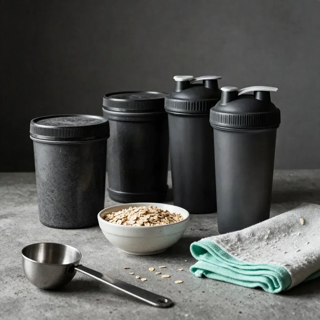 Matte shaker cups and protein tubs beside oats on concrete, lit dramatically in a fitness still life.