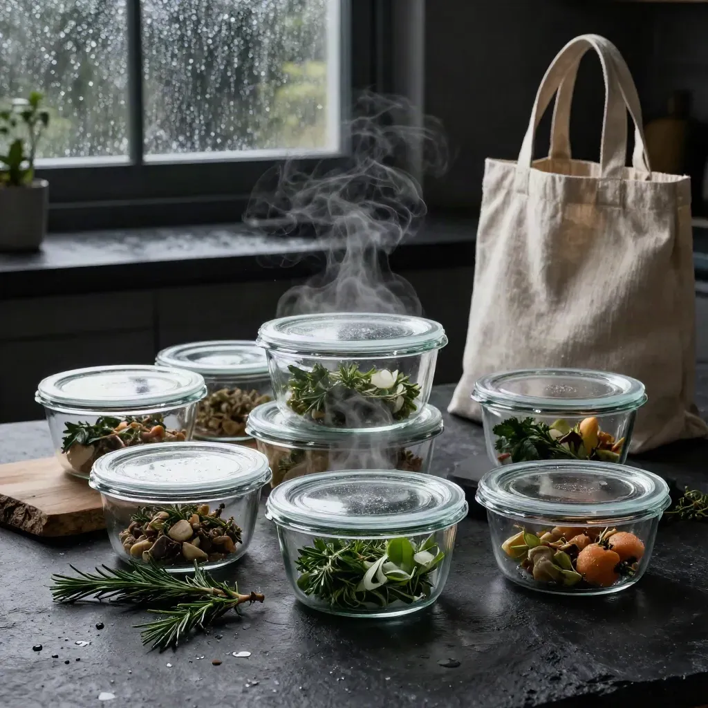Rainy Sunday meal-prep spread with glass containers, herbs, tote, and steam by a dark window.