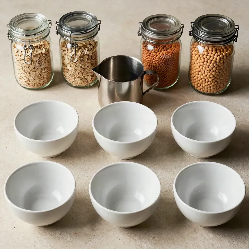 Top-down meal prep still life with white bowls, glass jars of grains and a measuring jug on pale stone.