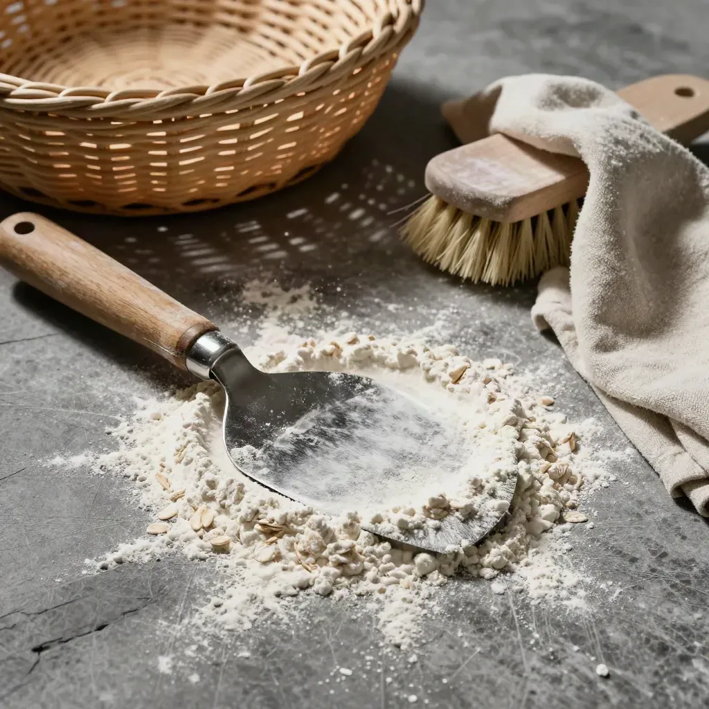 Flour-dusted baking tools and linen on stone, shot in extreme macro.