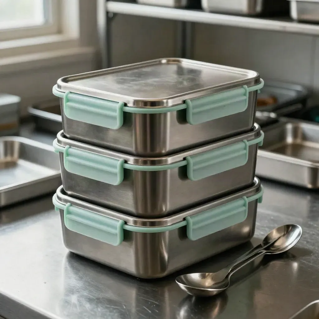 Stacked lunch boxes, stainless spoons, and a thermal lid on a steel prep surface.