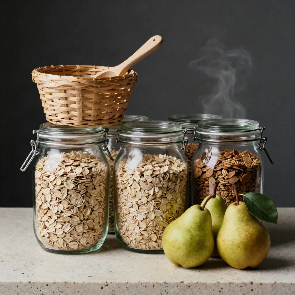 Pantry still life with glass jars, basket, scoop, and pears on travertine in dramatic light.