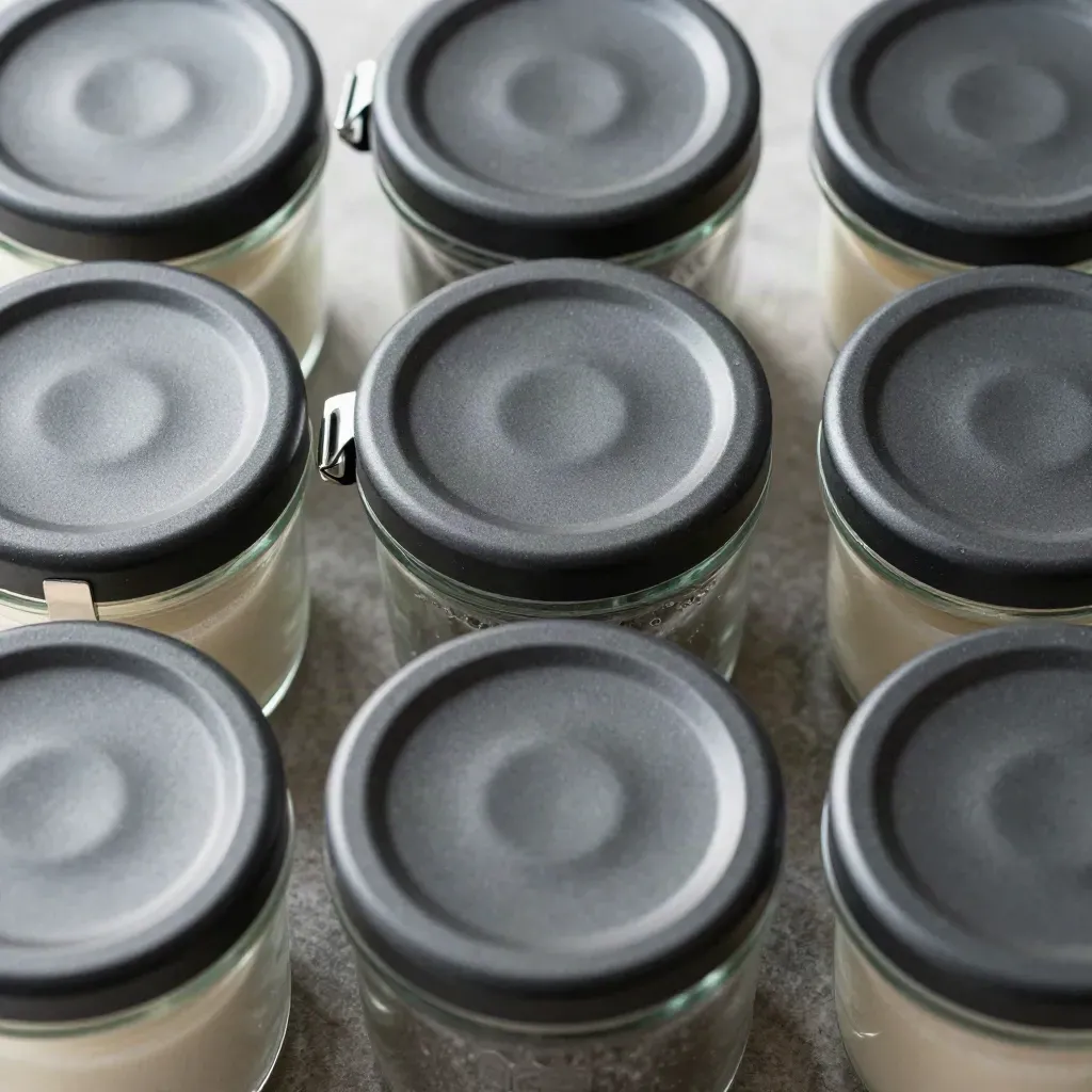 Seven glass meal containers with matte lids in a precise top-down macro on pale stone.