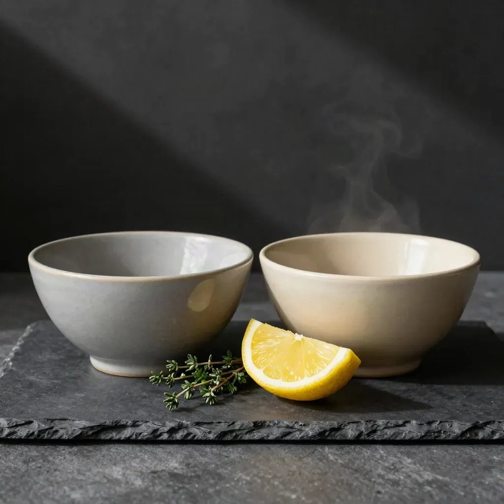 Two ceramic ingredient bowls with herbs and a lemon wedge on dark stone.