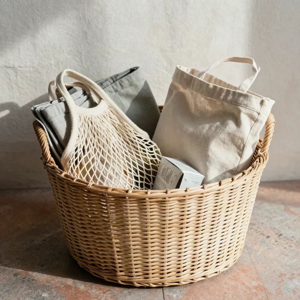 Woven shopping basket with mesh bags and market totes on a stone surface.