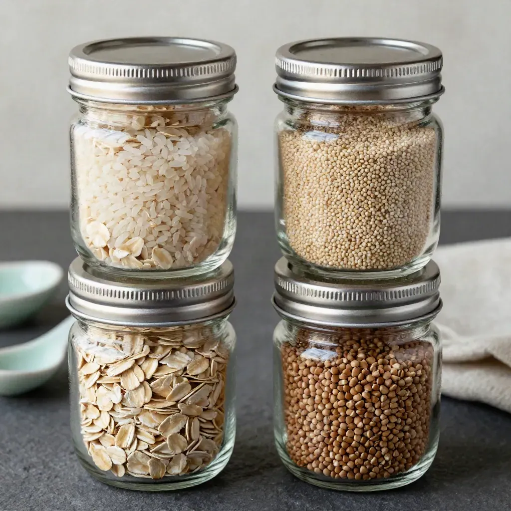 Top-down macro of four glass jars with pantry staples on stone, accented with mint.