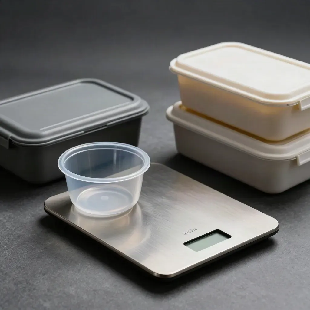 Brushed-metal kitchen scale with portion cup and meal boxes on dark stone.