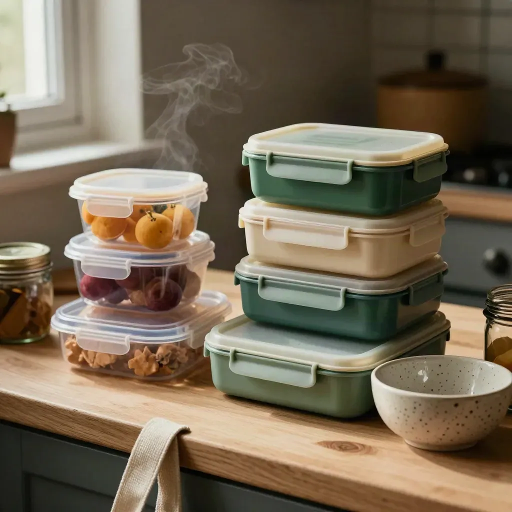Kids’ lunch boxes, snack pots, fruit cups, and a ceramic fruit bowl on a sunlit kitchen counter.