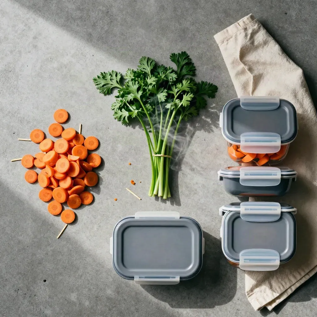 Overhead meal-prep flat lay of carrots, greens and lidded containers on cool stone.