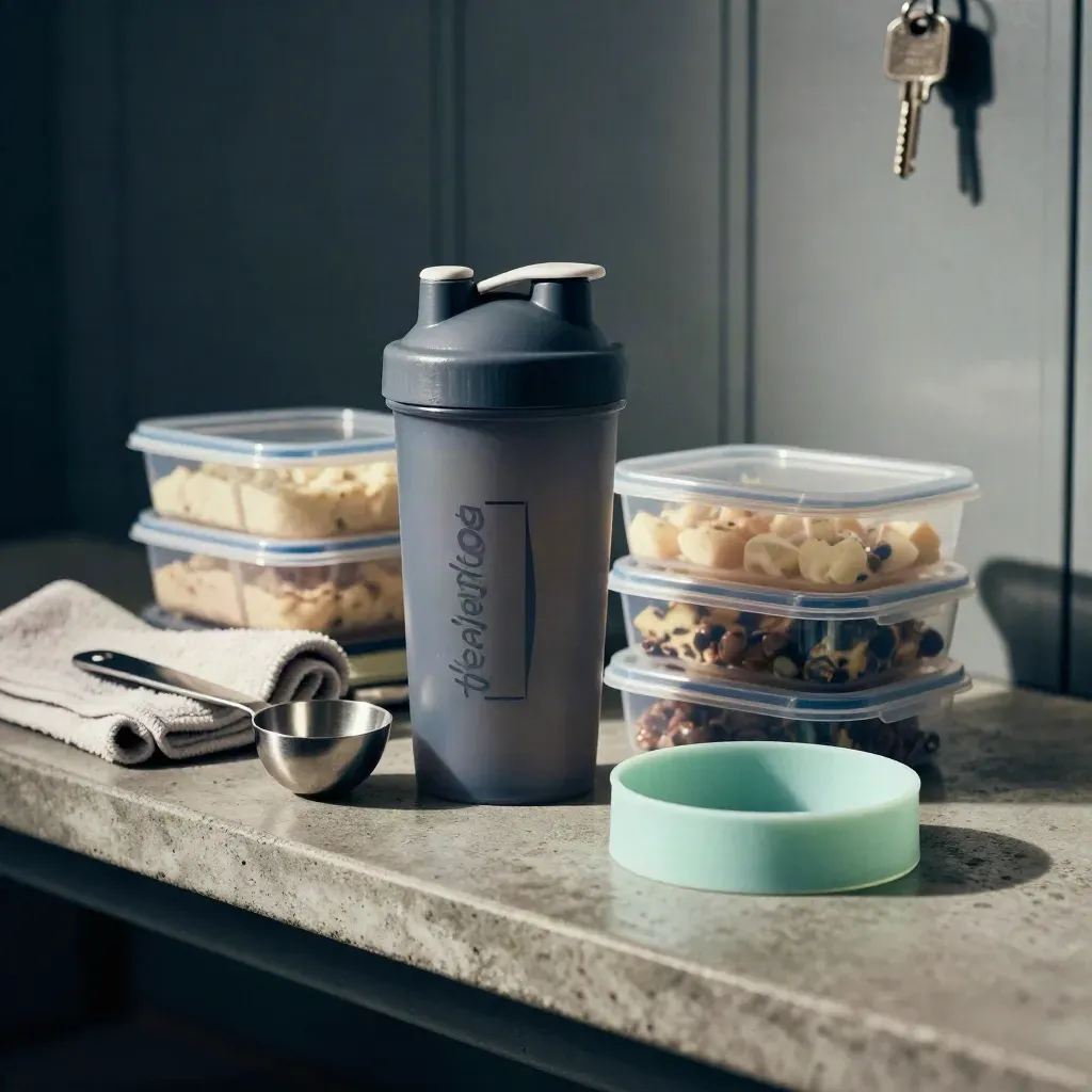 Protein shaker, meal prep containers and towel on a concrete gym bench with dramatic light