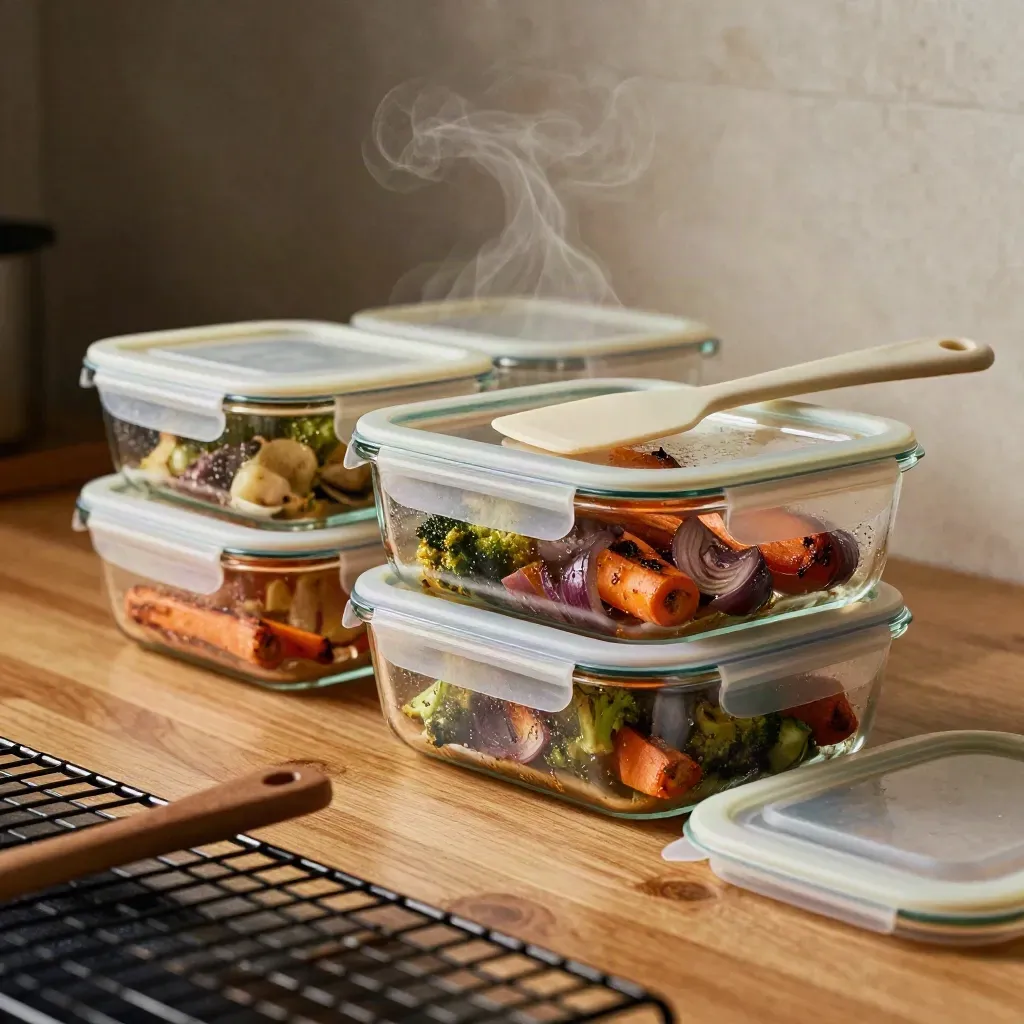 Glass meal prep containers with roasted vegetables and a spatula on a warm kitchen counter.