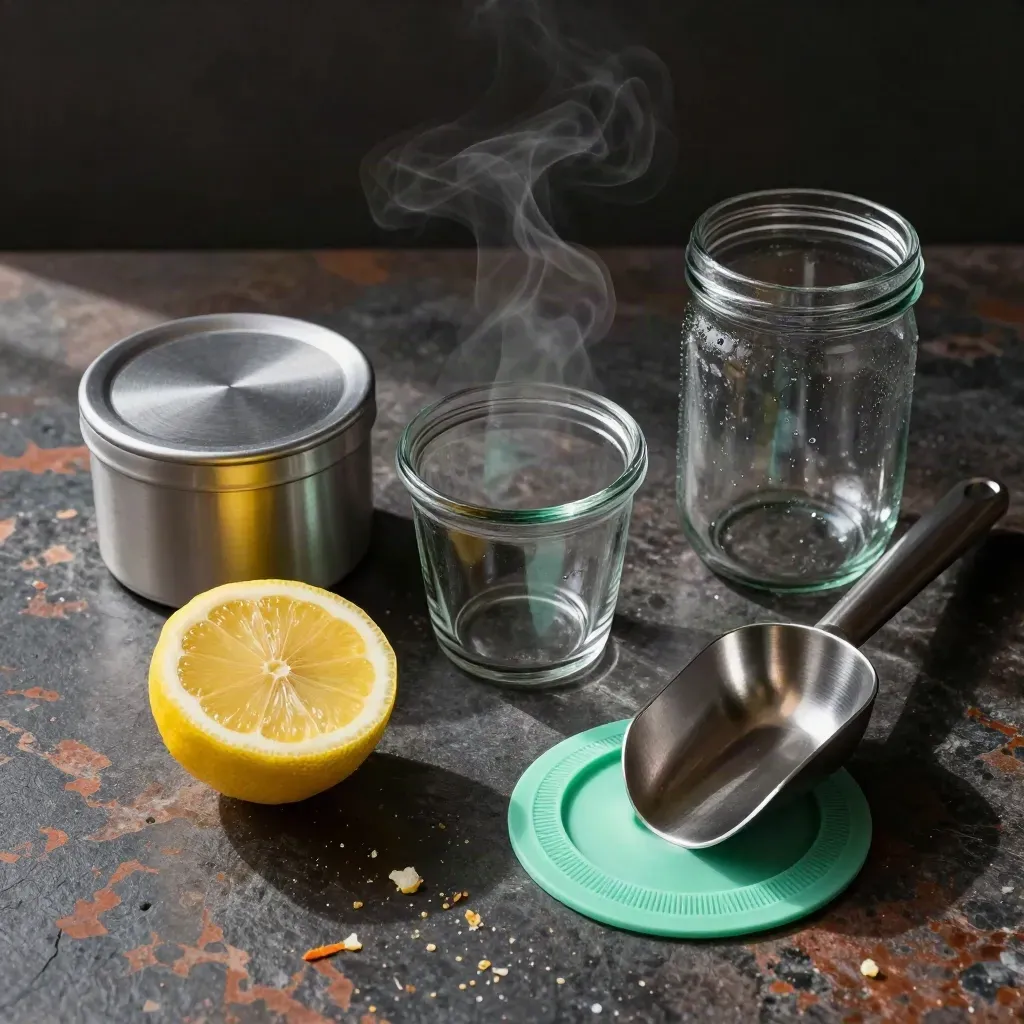 Top-down still life of portion containers, lemon, jar and scoop on dark stone with soft steam