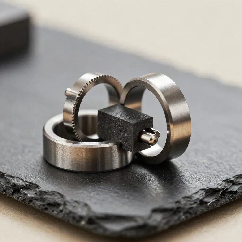 Extreme macro of machined aluminium rings, connector pins and graphite block about to lock together