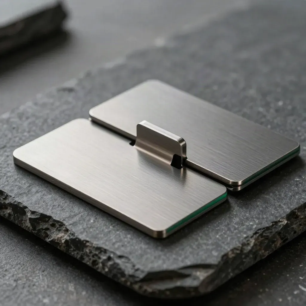 Aluminium connectors snapping beside a brushed metal blank on dark stone