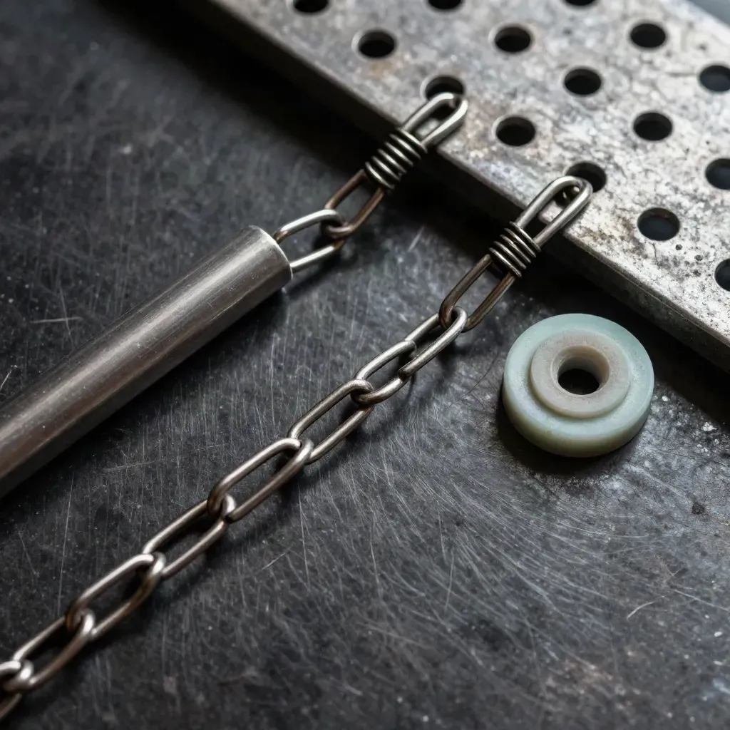 Top-down metal plates and clips linked across a brushed slab with a mint accent.