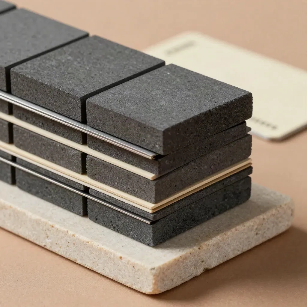 Graphite modular blocks stacked on pale stone under soft studio light with a blurred cream card behind.